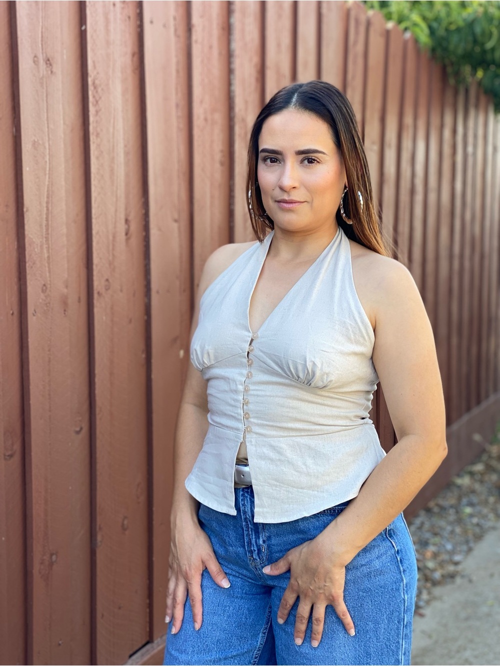 Linen Halter Button-Front Top in Cream
